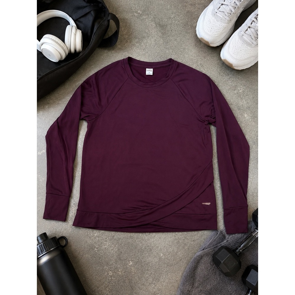 Copper Fit Womens Burgundy Long Sleeve Crossover Hem Activewear Top Small